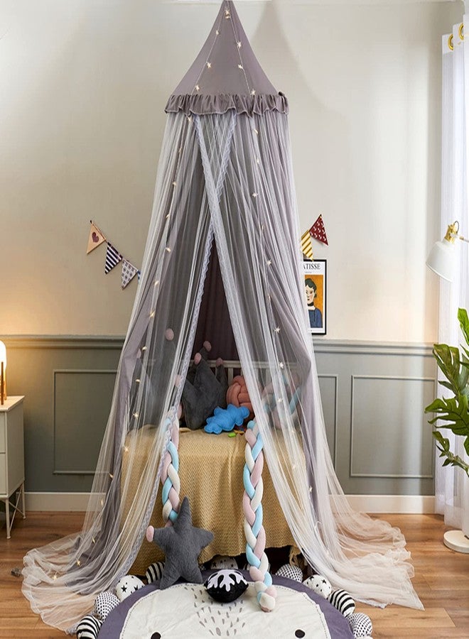 VETHIN Bed Canopy for with Lights,Double Layer Princess Round Dome Dreamy Mosquito Net Bedding Girls Room Castle Play Tent Hanging House Decor Reading Nook Canopies(Gray/White) - Image 5