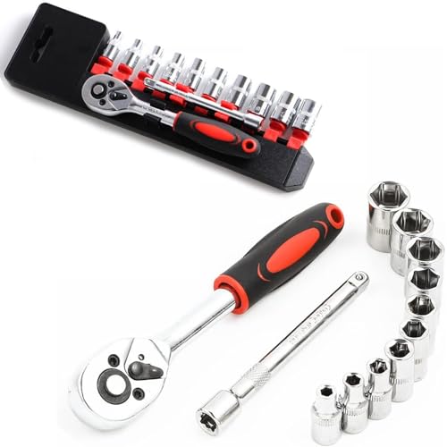 LSLANSOON 1/4” Ratchet Socket Wrench Set, Mechanic Tool Kit and Sockets Set with Quick Release Reversible Ratchet Handle and Extension Bar, 12 Pcs Set - Image 1