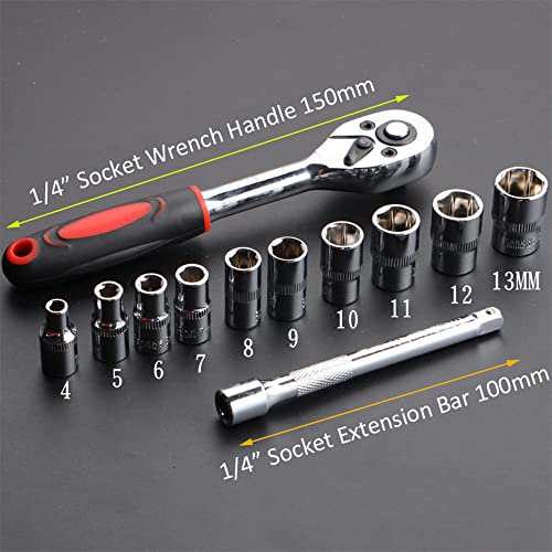 LSLANSOON 1/4” Ratchet Socket Wrench Set, Mechanic Tool Kit and Sockets Set with Quick Release Reversible Ratchet Handle and Extension Bar, 12 Pcs Set - Image 3