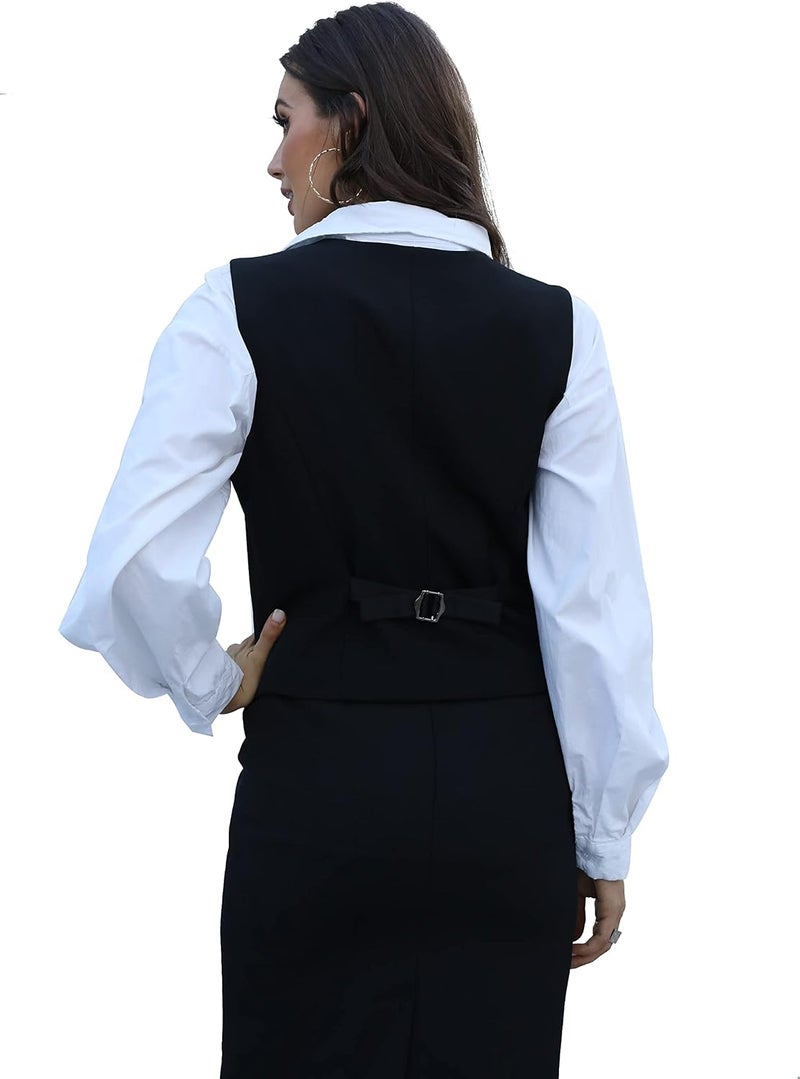 V VOCNI Women's Fully Lined 4 Button V-Neck Dressy Suit Vest Waistcoat - Black, Size S - Image 3