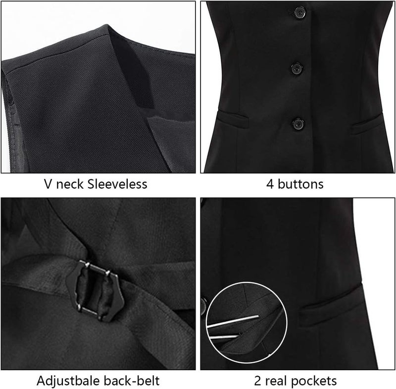V VOCNI Women's Fully Lined 4 Button V-Neck Dressy Suit Vest Waistcoat - Black, Size S - Image 4