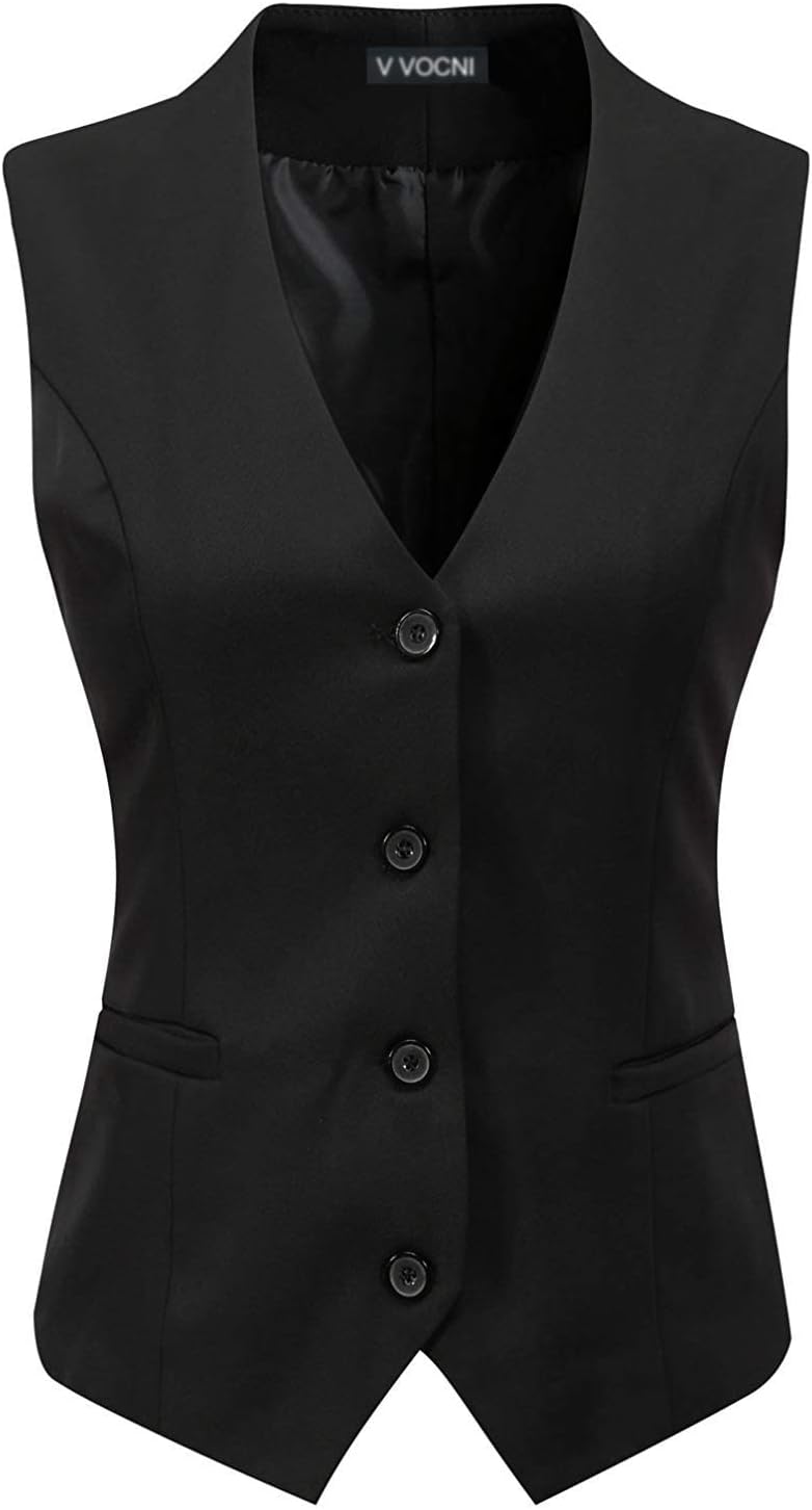 V VOCNI Women's Fully Lined 4 Button V-Neck Dressy Suit Vest Waistcoat - Black, Size S - Image 1