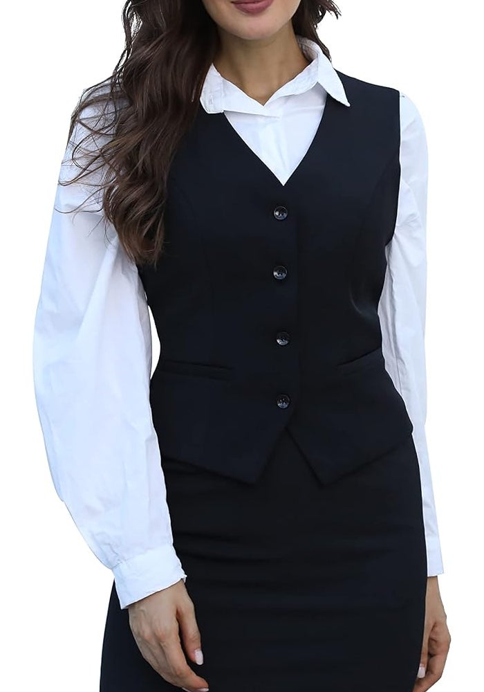 V VOCNI Women's Fully Lined 4 Button V-Neck Dressy Suit Vest Waistcoat - Black, Size S - Image 2