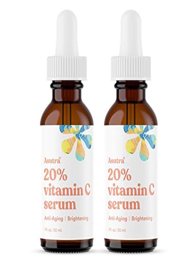 ASUTRA 20% Vitamin C Serum, 1 fl oz (Pack of 2) - Ferulic & Hyaluronic Acid, Vitamin E, Aloe, Jojoba, Brightening Face Serum - Image 1
