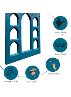 Noor Antique Designs Noor Antique Designs Handcrafted Wooden Wall Panel with Traditional Rajasthani Jharokha Design Decorative Blue Window Frame 16 x 12 Inches Bohemian Wall Art for Living Room Bedroom Teal Colour  - Image 3