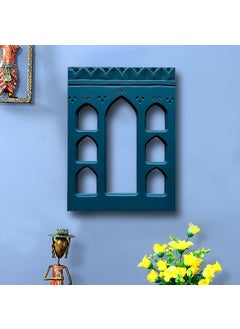 Noor Antique Designs Noor Antique Designs Handcrafted Wooden Wall Panel with Traditional Rajasthani Jharokha Design Decorative Blue Window Frame 16 x 12 Inches Bohemian Wall Art for Living Room Bedroom Teal Colour  - Image 4