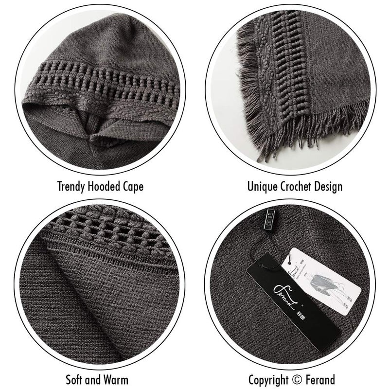 Ferand Ladies' Hooded Cape with Fringed Hem, Crochet Poncho Knitting Patterns for Women, Grey - Image 4