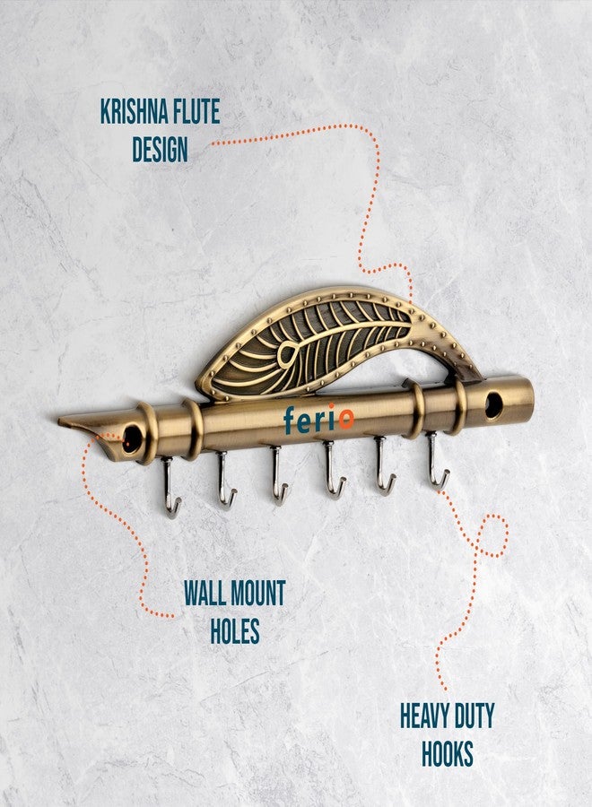 FERIO Key Holder for Home Decor Stylish Antique Brass Finish Key Hangers for Wall Flute Design Keys Holder Stand Peacock Quills Keyholders for Home 6 Pin Wall Keyring Stand (Antique Brass, Pack of 1) - Image 4