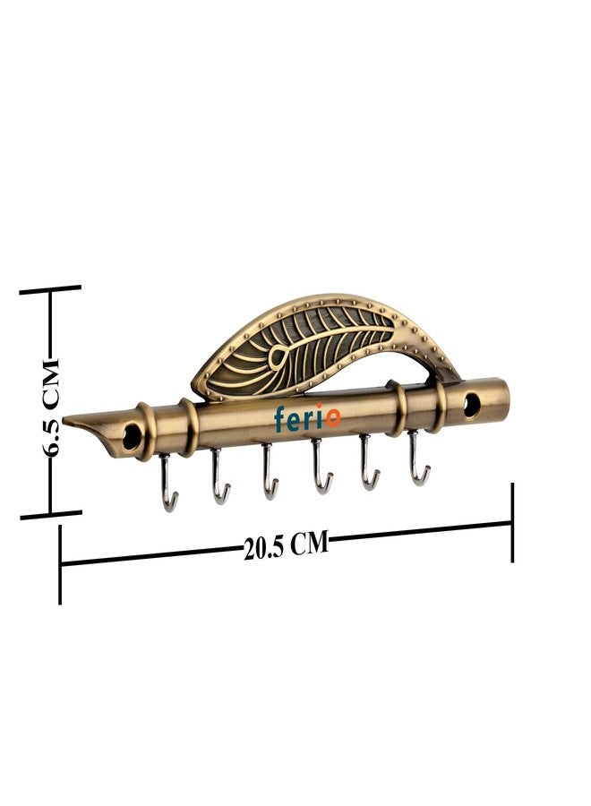 FERIO Key Holder for Home Decor Stylish Antique Brass Finish Key Hangers for Wall Flute Design Keys Holder Stand Peacock Quills Keyholders for Home 6 Pin Wall Keyring Stand (Antique Brass, Pack of 1) - Image 2