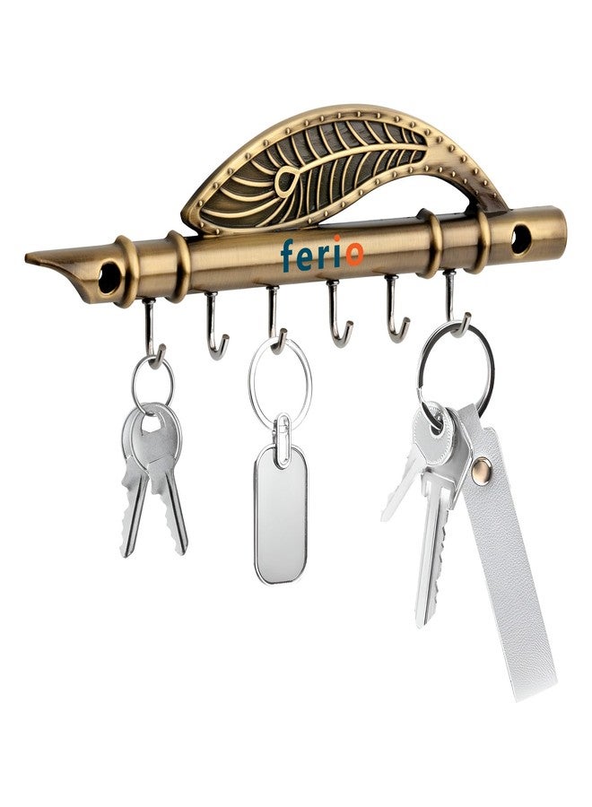 FERIO Key Holder for Home Decor Stylish Antique Brass Finish Key Hangers for Wall Flute Design Keys Holder Stand Peacock Quills Keyholders for Home 6 Pin Wall Keyring Stand (Antique Brass, Pack of 1) - Image 5