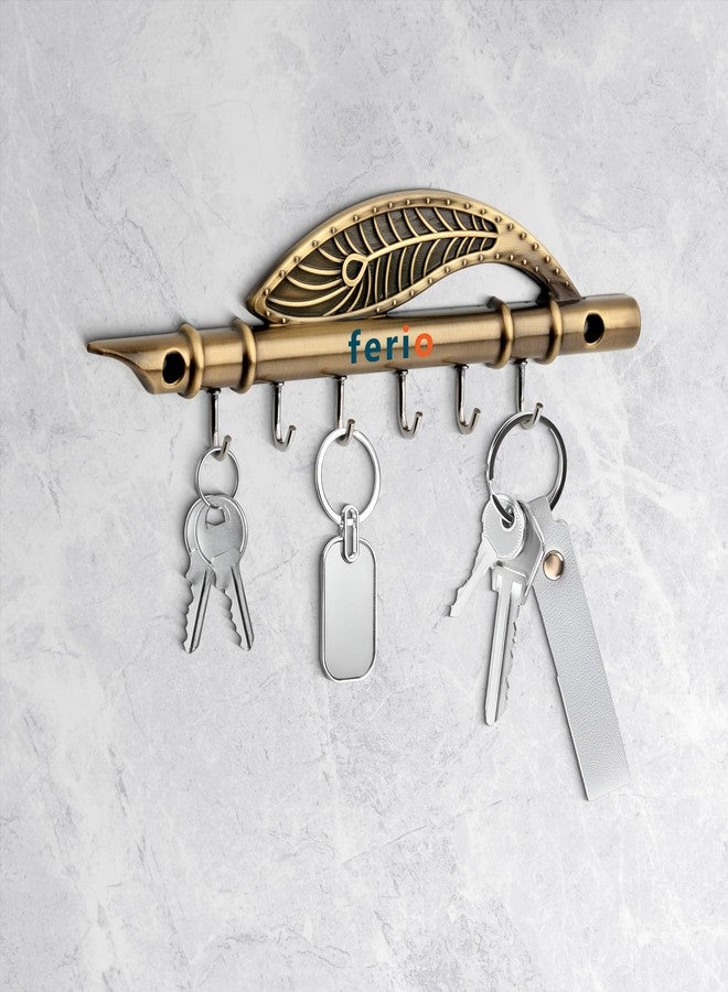 FERIO Key Holder for Home Decor Stylish Antique Brass Finish Key Hangers for Wall Flute Design Keys Holder Stand Peacock Quills Keyholders for Home 6 Pin Wall Keyring Stand (Antique Brass, Pack of 1) - Image 1