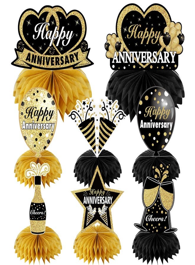 Bumqviy 8Pcs Happy Wedding Anniversary Decorations Table Honeycomb Centerpieces, Anniversary Theme Party Supplies for Adult, Black Gold 10th 20th 30th 40th 50th 60th Anniversary Table Sign Decor - Image 1