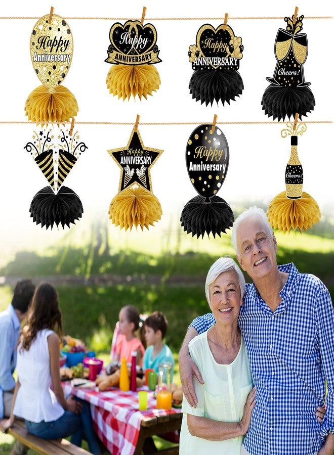 Bumqviy 8Pcs Happy Wedding Anniversary Decorations Table Honeycomb Centerpieces, Anniversary Theme Party Supplies for Adult, Black Gold 10th 20th 30th 40th 50th 60th Anniversary Table Sign Decor - Image 4