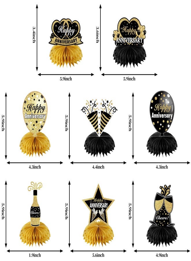 Bumqviy 8Pcs Happy Wedding Anniversary Decorations Table Honeycomb Centerpieces, Anniversary Theme Party Supplies for Adult, Black Gold 10th 20th 30th 40th 50th 60th Anniversary Table Sign Decor - Image 2