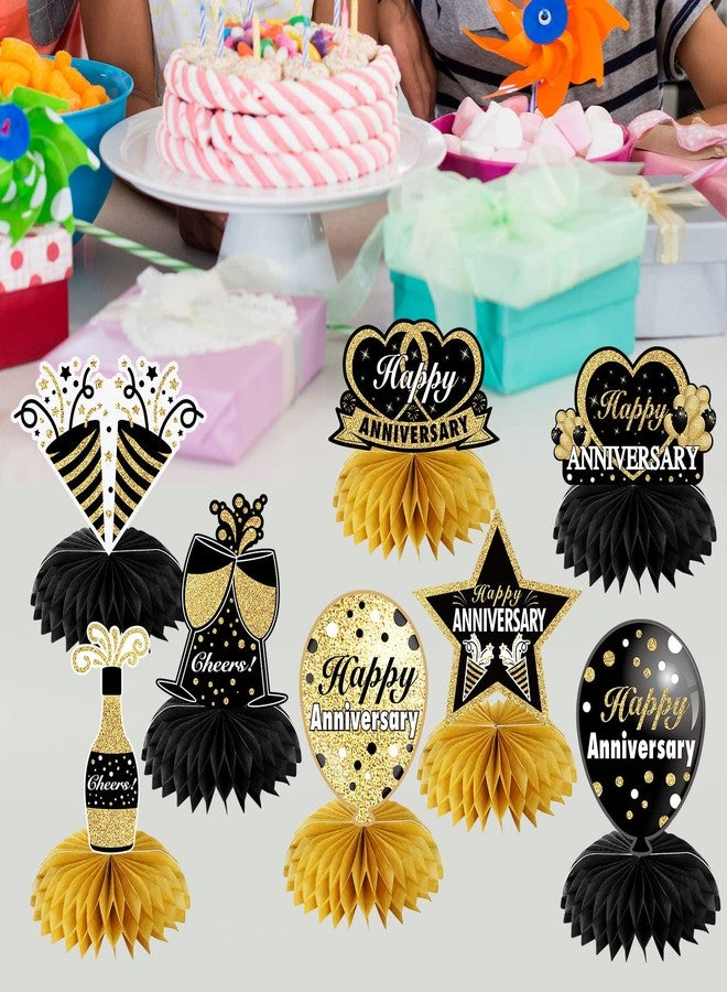 Bumqviy 8Pcs Happy Wedding Anniversary Decorations Table Honeycomb Centerpieces, Anniversary Theme Party Supplies for Adult, Black Gold 10th 20th 30th 40th 50th 60th Anniversary Table Sign Decor - Image 3