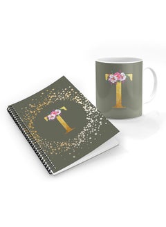 Stylizedd Printed Coffee Mug + A5 Spiral Notebook Memo Personalised Combo Gift Set Custom Monogram Initial Letter Floral Pattern Alphabet - T  (Olive Green ) 