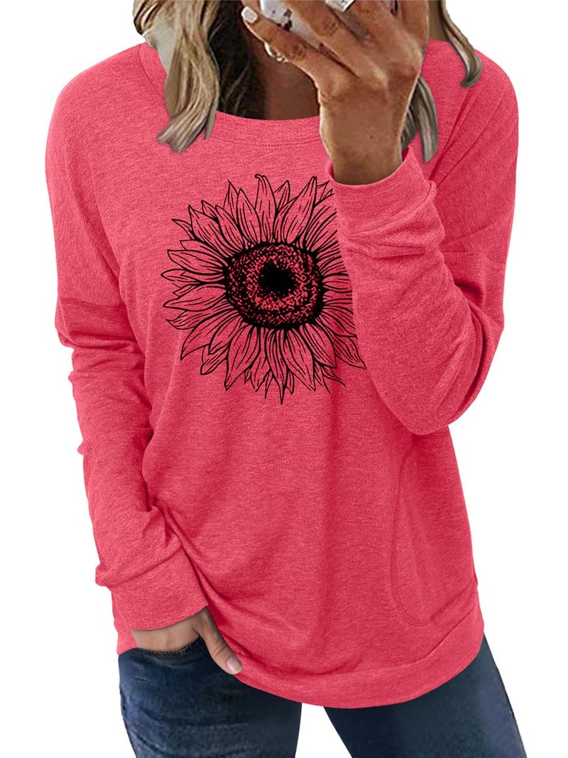 onlypuff 3X Sunflower Shirts Women Plus Size Top Graphic Sweatshirt Long Sleeve Cute Pocket Shirt Peach 3XL - Image 1
