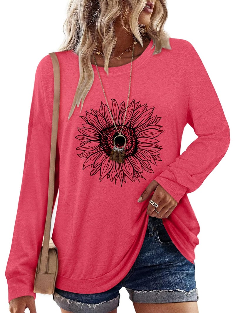 onlypuff 3X Sunflower Shirts Women Plus Size Top Graphic Sweatshirt Long Sleeve Cute Pocket Shirt Peach 3XL - Image 2