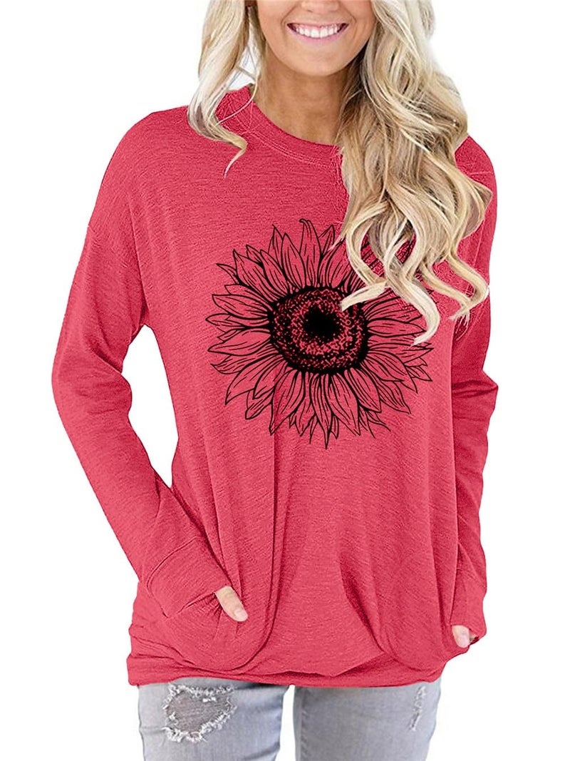 onlypuff 3X Sunflower Shirts Women Plus Size Top Graphic Sweatshirt Long Sleeve Cute Pocket Shirt Peach 3XL - Image 3
