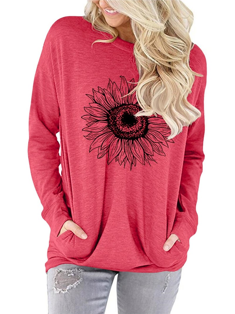 onlypuff 3X Sunflower Shirts Women Plus Size Top Graphic Sweatshirt Long Sleeve Cute Pocket Shirt Peach 3XL - Image 4