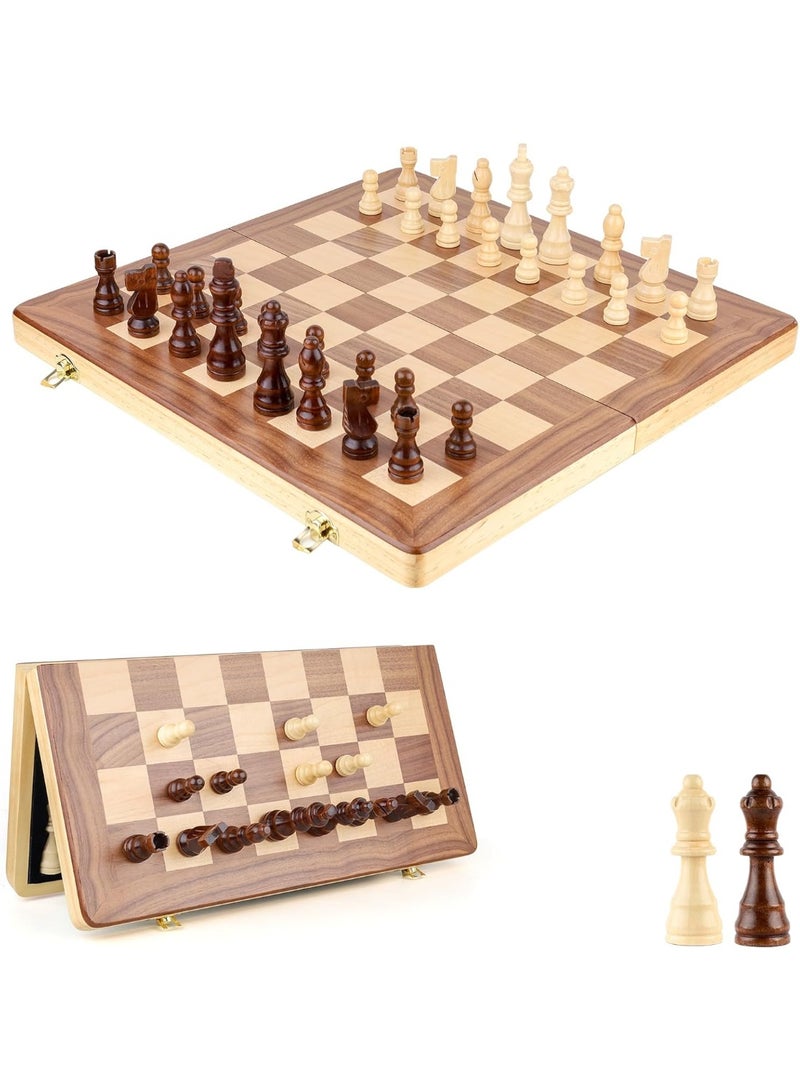 Bluejw Wooden Chess Set with Folding Board and Chess Piece Storage Slot, Handmade Portable Travel Chess Game Sets for Kids Adults Beginner and Pros, Non-Magnetic, 2 Extra Queens - Image 1
