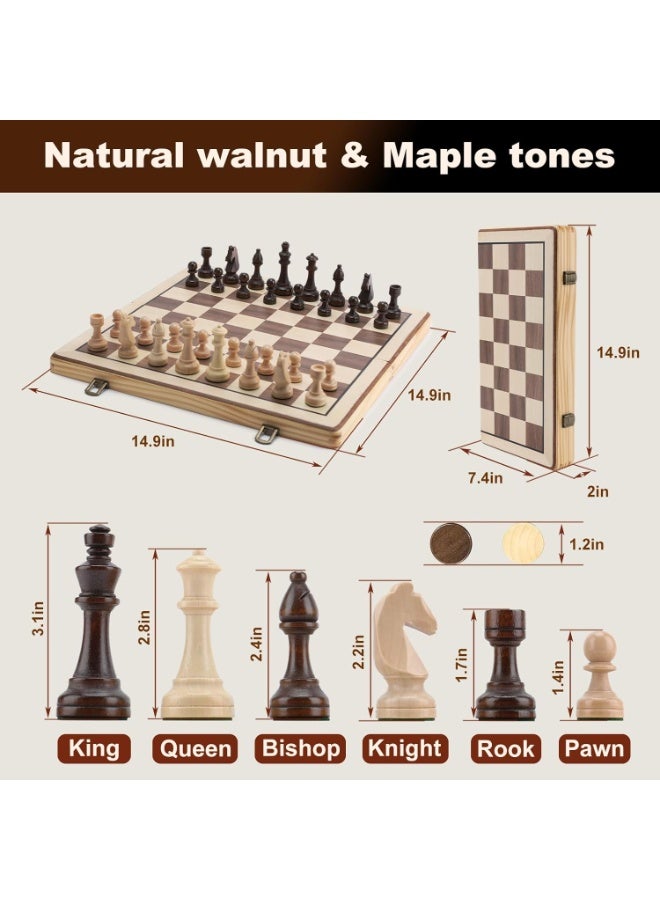 Bluejw Wooden Chess Set with Folding Board and Chess Piece Storage Slot, Handmade Portable Travel Chess Game Sets for Kids Adults Beginner and Pros, Non-Magnetic, 2 Extra Queens - Image 2