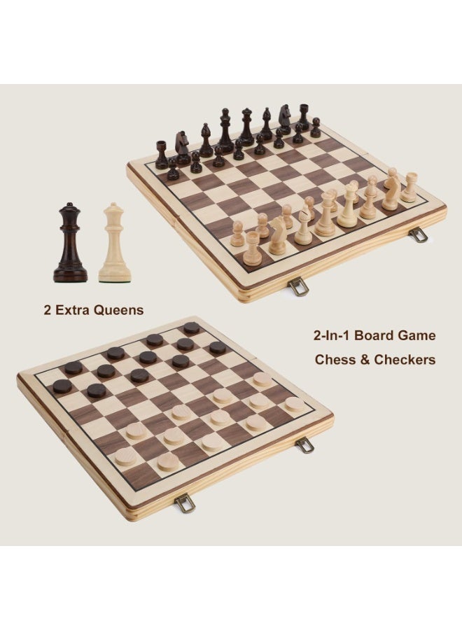 Bluejw Wooden Chess Set with Folding Board and Chess Piece Storage Slot, Handmade Portable Travel Chess Game Sets for Kids Adults Beginner and Pros, Non-Magnetic, 2 Extra Queens - Image 3