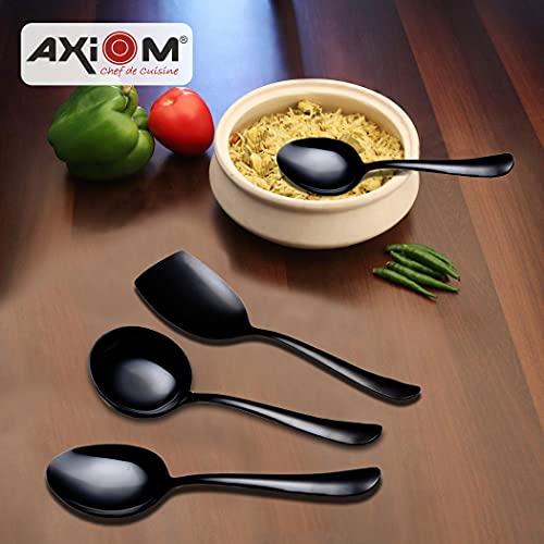 Axiom Stainless Steel Serving Tools Set Black. 4 Piece Heavy Gauge Non-Stick Set Of 1 Soup Ladle (Karchi), 2 Solid Spoon (Chamcha) And 1 Rice Spoon For Serving Soup/Curry/Dal/Rice/Pasta - 23 Cm - Image 4