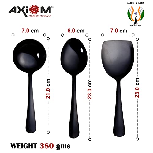 Axiom Stainless Steel Serving Tools Set Black. 4 Piece Heavy Gauge Non-Stick Set Of 1 Soup Ladle (Karchi), 2 Solid Spoon (Chamcha) And 1 Rice Spoon For Serving Soup/Curry/Dal/Rice/Pasta - 23 Cm - Image 5