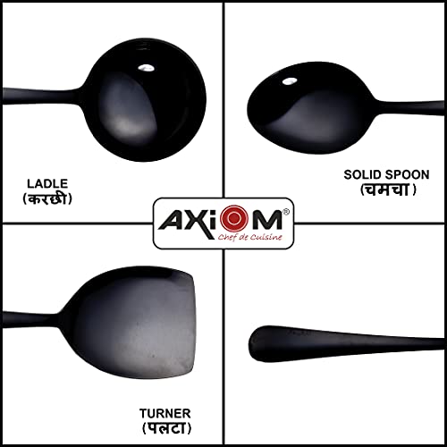 Axiom Stainless Steel Serving Tools Set Black. 4 Piece Heavy Gauge Non-Stick Set Of 1 Soup Ladle (Karchi), 2 Solid Spoon (Chamcha) And 1 Rice Spoon For Serving Soup/Curry/Dal/Rice/Pasta - 23 Cm - Image 3