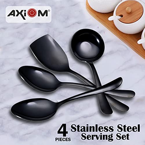 Axiom Stainless Steel Serving Tools Set Black. 4 Piece Heavy Gauge Non-Stick Set Of 1 Soup Ladle (Karchi), 2 Solid Spoon (Chamcha) And 1 Rice Spoon For Serving Soup/Curry/Dal/Rice/Pasta - 23 Cm - Image 2