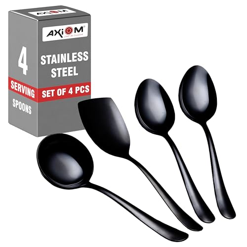Axiom Stainless Steel Serving Tools Set Black. 4 Piece Heavy Gauge Non-Stick Set Of 1 Soup Ladle (Karchi), 2 Solid Spoon (Chamcha) And 1 Rice Spoon For Serving Soup/Curry/Dal/Rice/Pasta - 23 Cm - Image 1