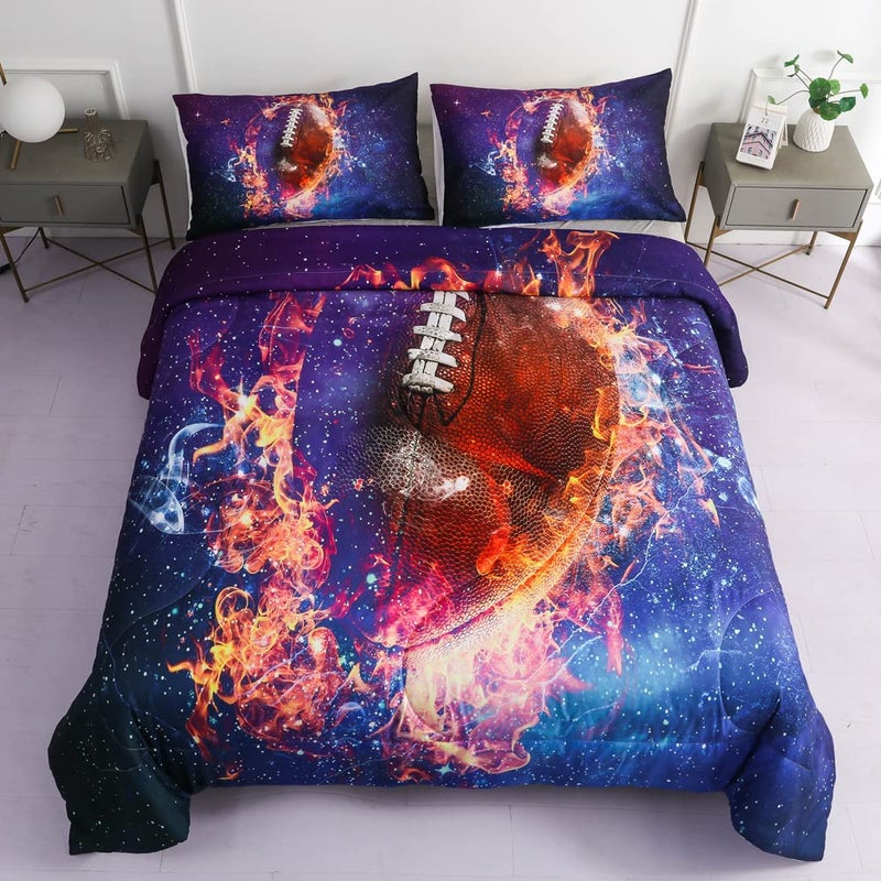 Roscloud Sports Football Rugby Comforter Sets Twin Size Bed Set 2PC Ice Flame Galaxy Football Boys Quilt Bedspread Bedding SetComforter x 1 Pillowcases x 1