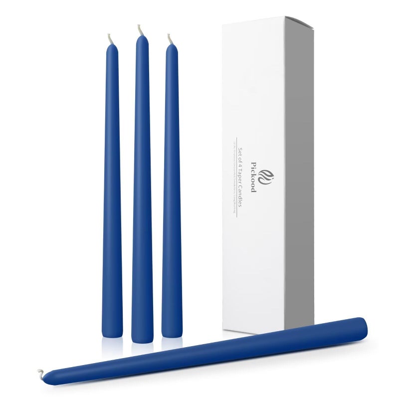 pickood Pickood 12-Inch Tall Dripless Taper Candles Set of 4 - Classic Blue Tapered Candles  Perfect for Spring - Smokeless  Unscented  Long Burning - Hand Poured  Colored Tall Candlesticks - Dark Blue  - Image 1