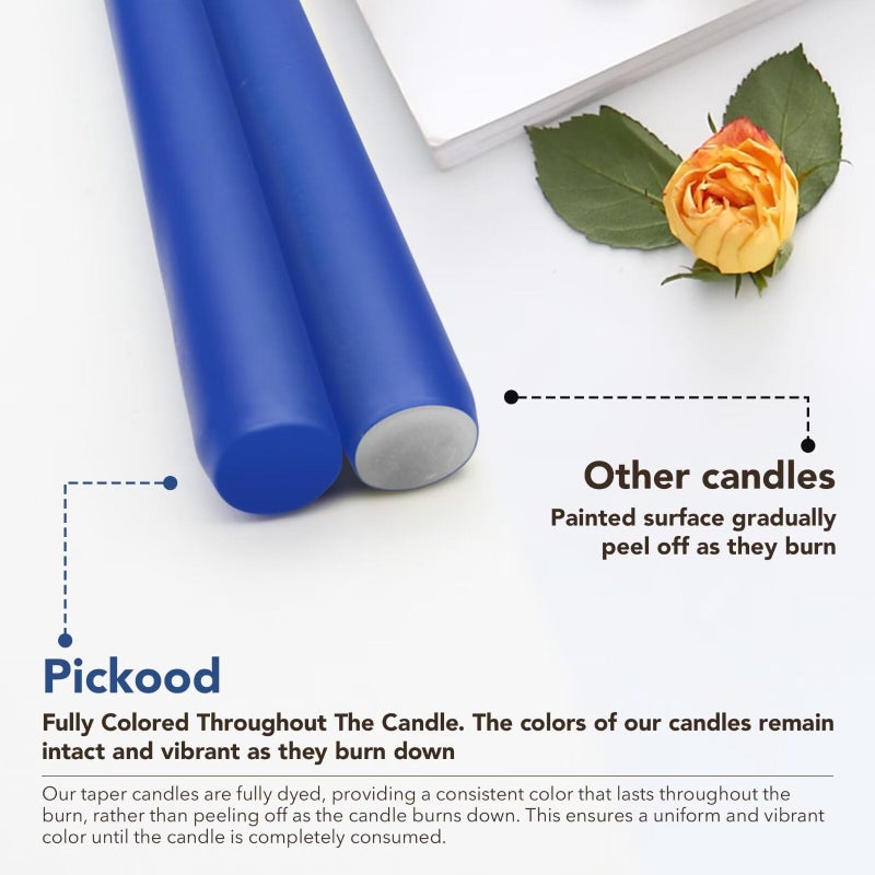 pickood Pickood 12-Inch Tall Dripless Taper Candles Set of 4 - Classic Blue Tapered Candles  Perfect for Spring - Smokeless  Unscented  Long Burning - Hand Poured  Colored Tall Candlesticks - Dark Blue  - Image 3