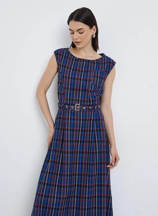 Take Two Take Two Checked Print Sleeveless Belted Maxi Dress