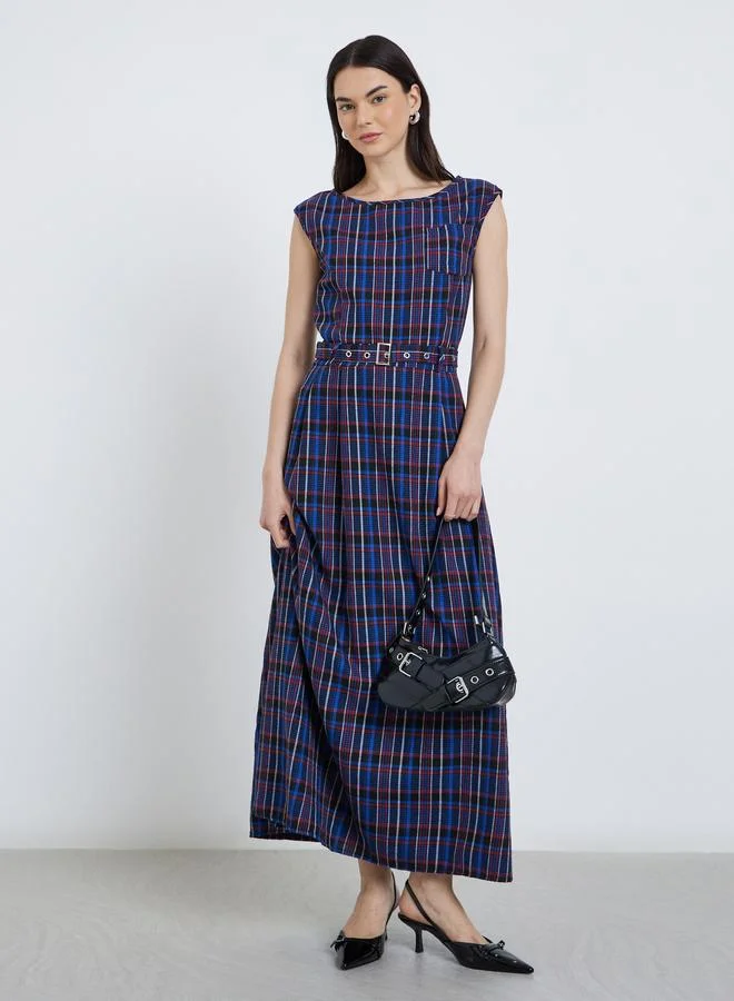 Take Two Take Two Checked Print Sleeveless Belted Maxi Dress