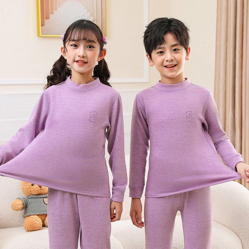 Children'S Warm Home Clothes Suit Mid-Collar Colorful Autumn Clothes And Pants Two-Piece Solid Color Children'S Thermal Underwear - Image 3