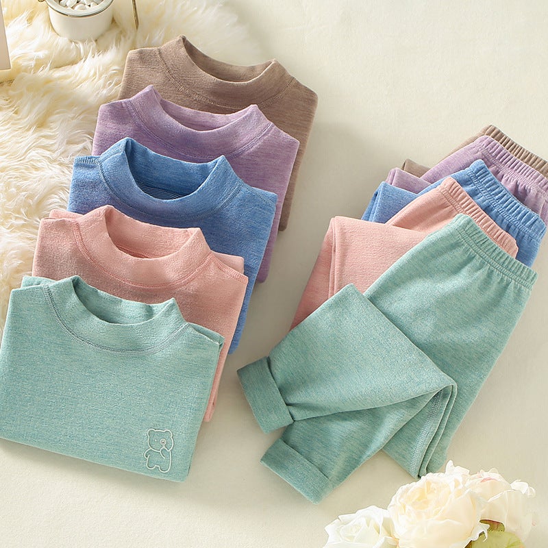 Children'S Warm Home Clothes Suit Mid-Collar Colorful Autumn Clothes And Pants Two-Piece Solid Color Children'S Thermal Underwear - Image 5