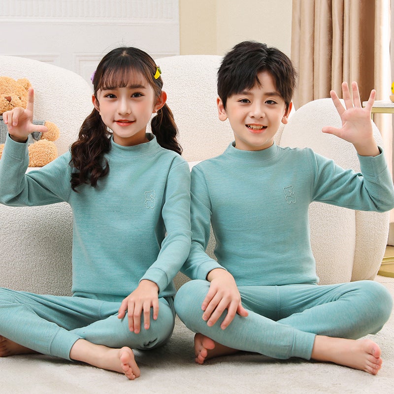 Children'S Warm Home Clothes Suit Mid-Collar Colorful Autumn Clothes And Pants Two-Piece Solid Color Children'S Thermal Underwear - Image 2
