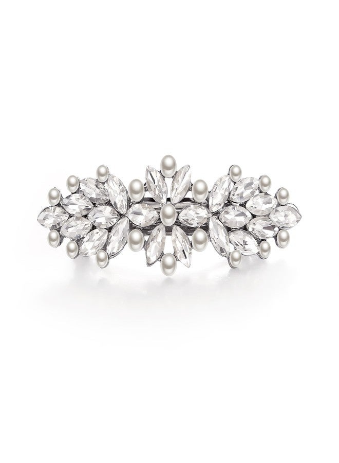 EVER FAITH Bridal Crystal Barrette Clip for Women, Weadding Gorgeous Simulated Pearl Marquise Hair Accessories for Bride Bridesmaid Clear Silver-Tone - Image 1