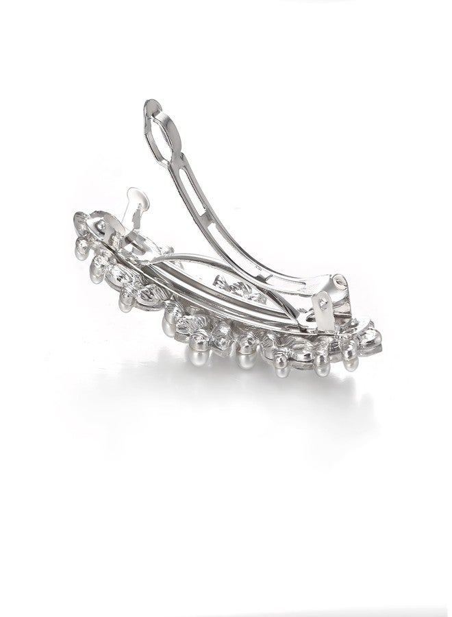 EVER FAITH Bridal Crystal Barrette Clip for Women, Weadding Gorgeous Simulated Pearl Marquise Hair Accessories for Bride Bridesmaid Clear Silver-Tone - Image 5