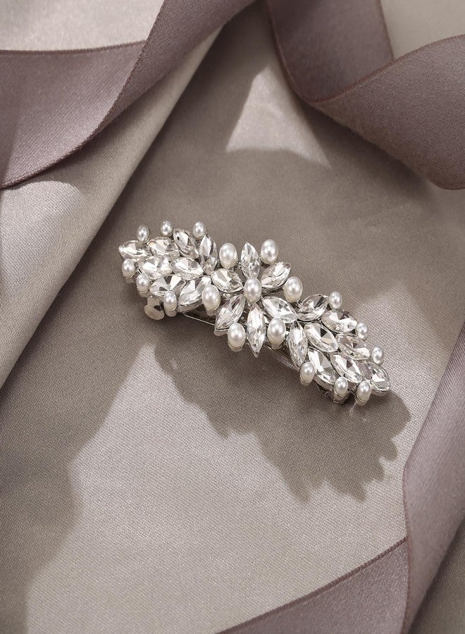 EVER FAITH Bridal Crystal Barrette Clip for Women, Weadding Gorgeous Simulated Pearl Marquise Hair Accessories for Bride Bridesmaid Clear Silver-Tone - Image 4