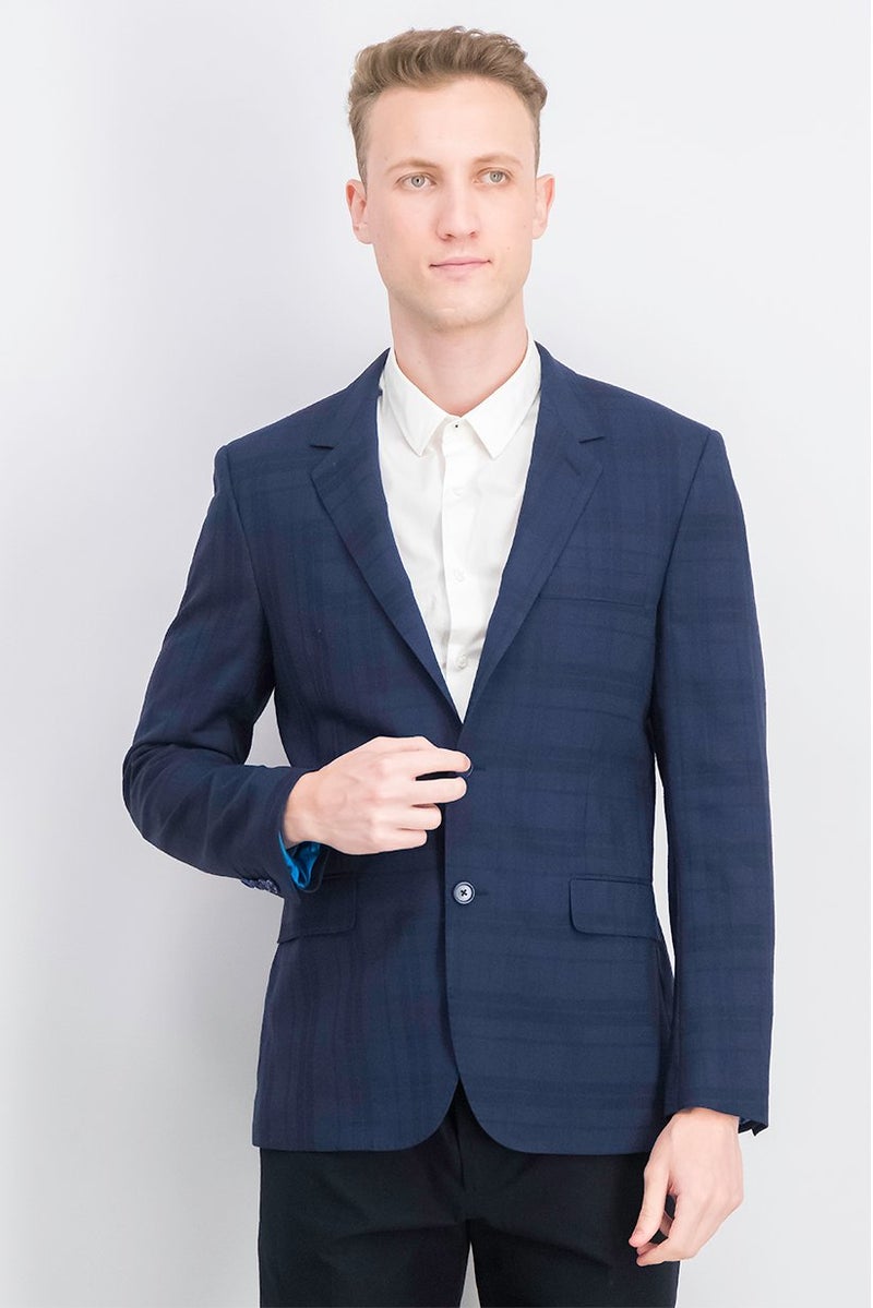 Paul Smith Men Regular Fit Plaid Semi Formal Blazer, Navy - Image 1