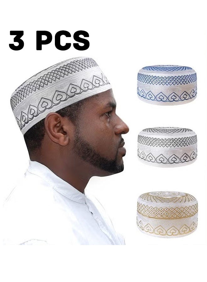 3 Pcs Muslim Prayer Kufi Hat for Men Prayer Headwear Cap Islamic Beanie Cap Embroidery Foldable Sun Hat Ramadan Eid Gift 56-58cm Yellow and Blue and Gray - Image 1