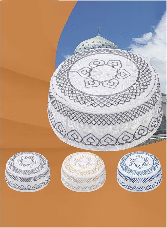 3 Pcs Muslim Prayer Kufi Hat for Men Prayer Headwear Cap Islamic Beanie Cap Embroidery Foldable Sun Hat Ramadan Eid Gift 56-58cm Yellow and Blue and Gray - Image 3