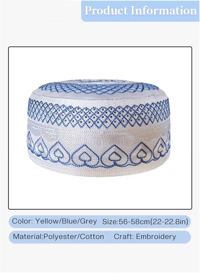 3 Pcs Muslim Prayer Kufi Hat for Men Prayer Headwear Cap Islamic Beanie Cap Embroidery Foldable Sun Hat Ramadan Eid Gift 56-58cm Yellow and Blue and Gray - Image 5
