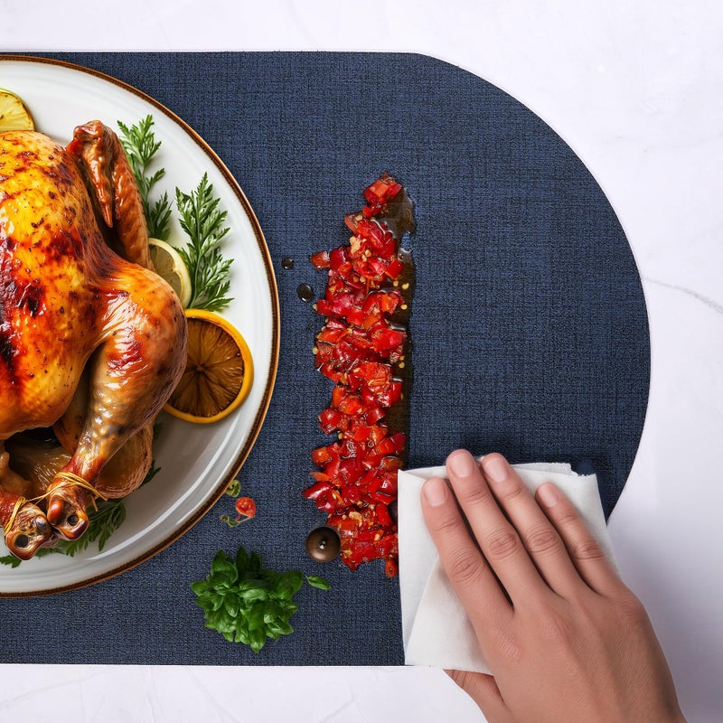 DOLOPL Oval Faux Leather Placemats Set of 6, Reversible Waterproof Heat Resistant & Wipeable Table Placemats, Washable Dining Table Mats for Kitchen Table,Everyday Dining,Gatherings,Parties(Navy Blue) - Image 2