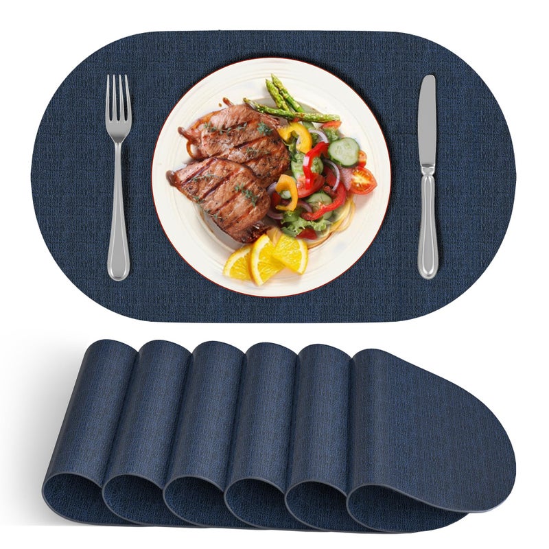 DOLOPL Oval Faux Leather Placemats Set of 6, Reversible Waterproof Heat Resistant & Wipeable Table Placemats, Washable Dining Table Mats for Kitchen Table,Everyday Dining,Gatherings,Parties(Navy Blue) - Image 1