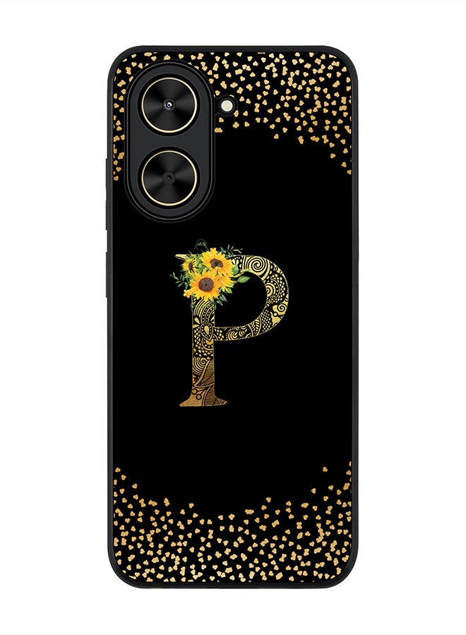 Stylizedd For Xiaomi Poco C71 / Redmi A5 4G Case,Slim fit Camera Protection, Shockproof Thin Phone cover  - Custom Floral Monogram - P ( Black )